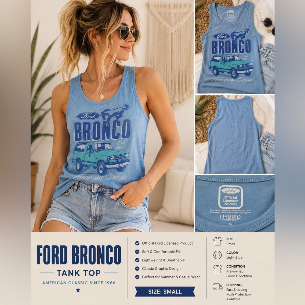 Hybrid Apparel Light Blue Ford Bronco Graphic Tank Top